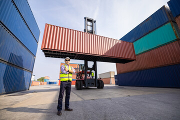 Portrait of logistic engineer worker man foreman in container site