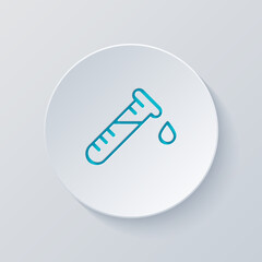 Test tube with blood, medical logo, simple icon. Cut circle with gray and blue layers. Paper style