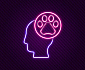 Glowing neon line Human head with animals footprint icon isolated on black background. Pet paw in heart. Love to the animals. Colorful outline concept. Vector