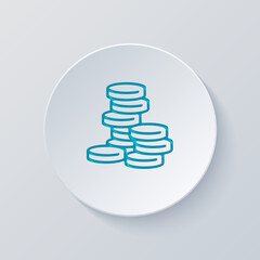 Stack of money coins, dollar or euro, business icon. Cut circle with gray and blue layers. Paper style