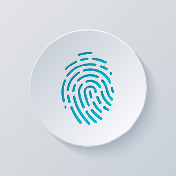 Fingerprint, unique identity of person, digital or biometric security. Cut circle with gray and blue layers. Paper style
