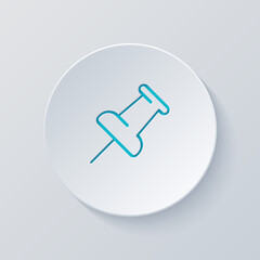 Pushpin or thumbtack, office push pin, simple icon. Cut circle with gray and blue layers. Paper style