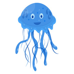 Blue funny jellyfish, cartoon character, isolated on white