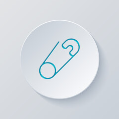 Safety pin for clothes or diapers, simple icon. Cut circle with gray and blue layers. Paper style
