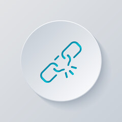 Broken chain, weak security, simple icon. Cut circle with gray and blue layers. Paper style