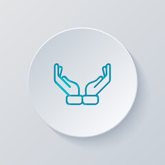 Praying hands, emoji symbol, simple icon. Cut circle with gray and blue layers. Paper style