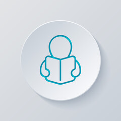 Person with book, read magazine, simple icon. Cut circle with gray and blue layers. Paper style