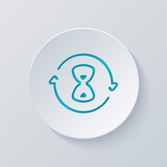 Old hourglass, simple wait icon. Cut circle with gray and blue layers. Paper style