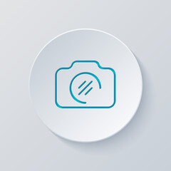 Photo camera, simple digital icon. Cut circle with gray and blue layers. Paper style