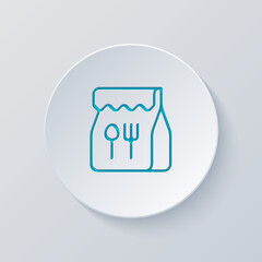 Lunch box, container for food, simple icon. Cut circle with gray and blue layers. Paper style