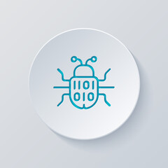 Simple bug icon, computer virus or malware. Cut circle with gray and blue layers. Paper style
