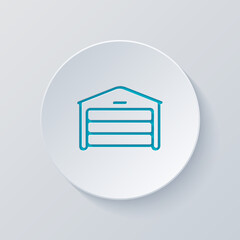 Garage near home for own car, simple icon. Cut circle with gray and blue layers. Paper style