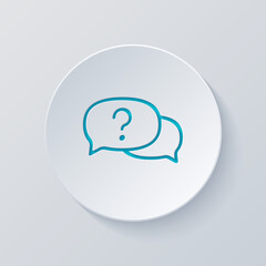 Question mark in bubble, simple icon of faq or chat. Cut circle with gray and blue layers. Paper style