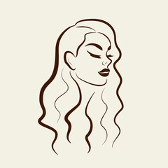 Vector minimalistic portrait of a woman. Beautiful, sexy girl, line drawing. Hand-drawn print. Fashionable feminine hairstyle, retro style, curls. Illustration for a beauty salon. Styling, hairstyle