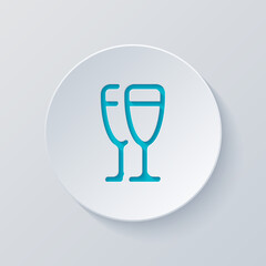 Glasses of champagne or wine, simple icon. Cut circle with gray and blue layers. Paper style
