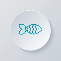 Fish, simple icon. Cut circle with gray and blue layers. Paper style