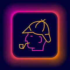 Glowing neon line Sherlock Holmes with smoking pipe icon isolated on black background. Detective. Colorful outline concept. Vector