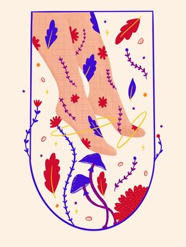 Illustrations pieds avec une exposition de plantes. R&eacute;flexologie plantaire. Illustration color&eacute;e avec fleurs et des feuilles. Nature et sant&eacute;.