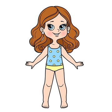 Cute cartoon girl dressed in underwear and barefoot color variation for coloring page on a white background