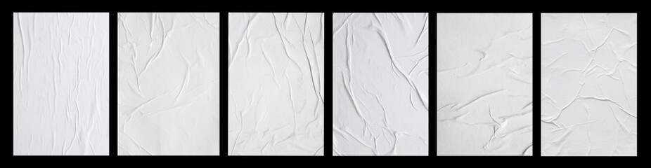 Fototapeta white crumpled and creased glued paper poster set isolated on black background obraz