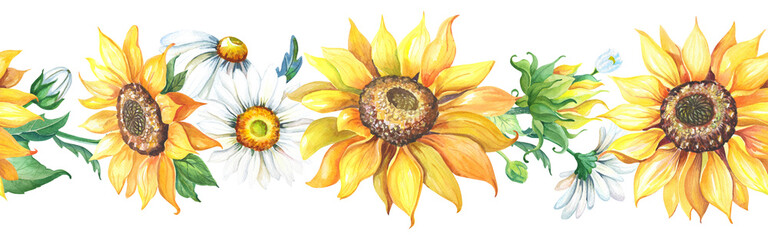 Fototapeta premium Sunflowers seamless border.Watercolor chamomile flowers and leaves on a white