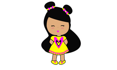 Long HAIR mascot doll in black color wearing a yellow dress with pink and black heart details