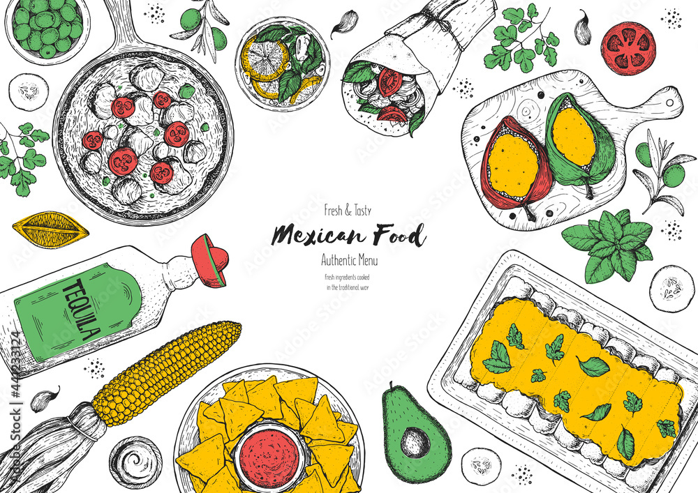 Wall mural Mexican food top view frame. A set of classic mexican dishes with enchiladas, burrito, poblanos, nachos. Food menu design template. Vintage hand drawn sketch vector illustration. Mexican cuisine. - Wall murals