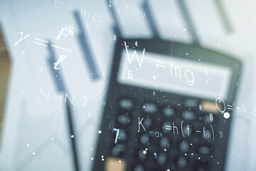 Scientific formula illustration on blurry calculator and papers background, science and research...