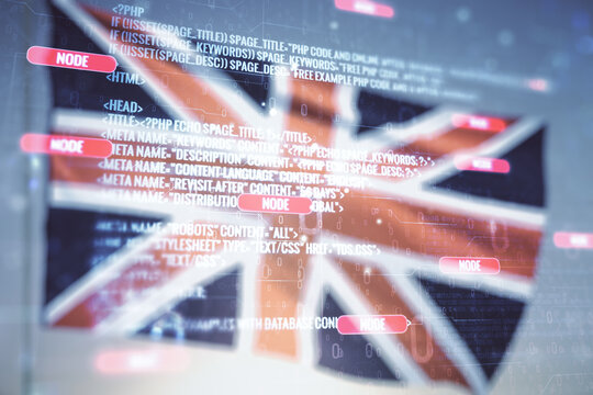 Abstract virtual coding concept on flag of Great Britain and sunset sky background. Multiexposure