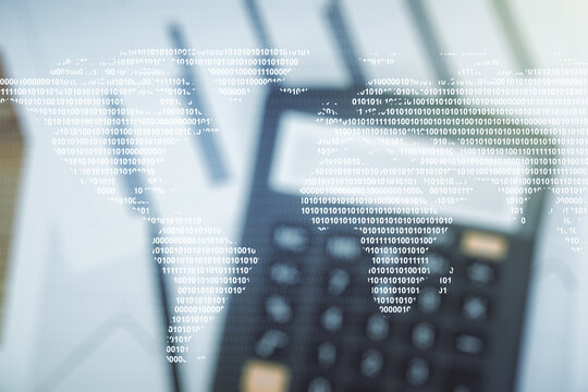 Abstract creative world map interface on calculator background, international trading concept. Multiexposure - Powered by Adobe