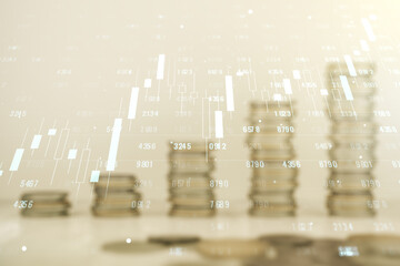 Multi exposure of abstract statistics data hologram interface on growing coins stacks background, computing and analytics concept