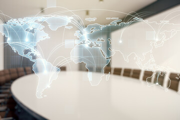 Abstract graphic digital world map hologram with connections on a modern coworking room background, globalization concept. Multiexposure