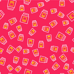 Line Sports nutrition bodybuilding proteine power drink and food icon isolated seamless pattern on red background. Vector