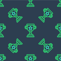 Line Award cup icon isolated seamless pattern on blue background. Winner trophy symbol. Championship or competition trophy. Sports achievement sign. Vector