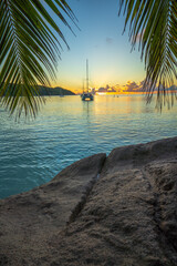sunrise at tropical beach anse lazio on praslin on the seychelles