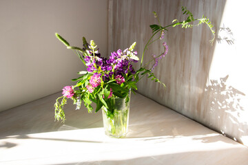 wild forest purple flowers in a vase on white background