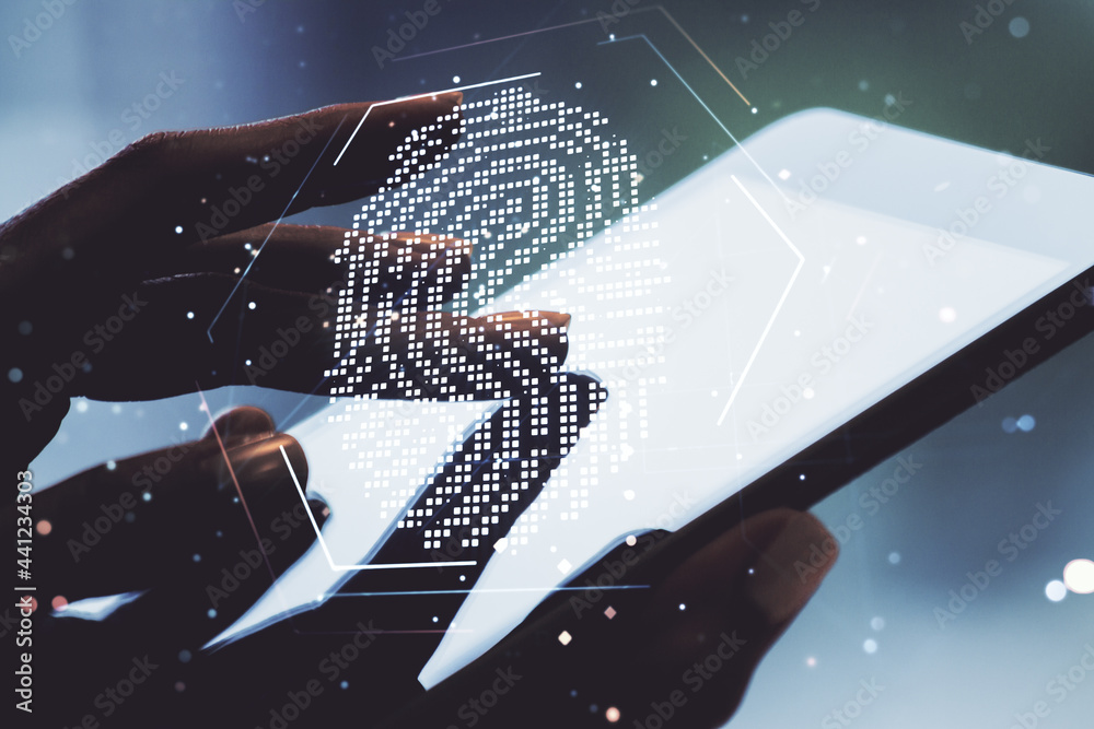 Aufkleber Multi exposure of abstract creative fingerprint illustration with finger presses on a digital tablet on background, digital access concept