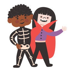 Halloween Kids Costume Party. Cute little girl and afro american boy in halloween vampire and skeleton costume. Cartoon vector isolated Character for party, invitations, web. Smiling jump child.