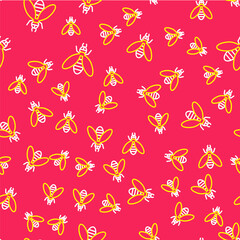 Line Bee icon isolated seamless pattern on red background. Sweet natural food. Honeybee or apis with wings symbol. Flying insect. Vector