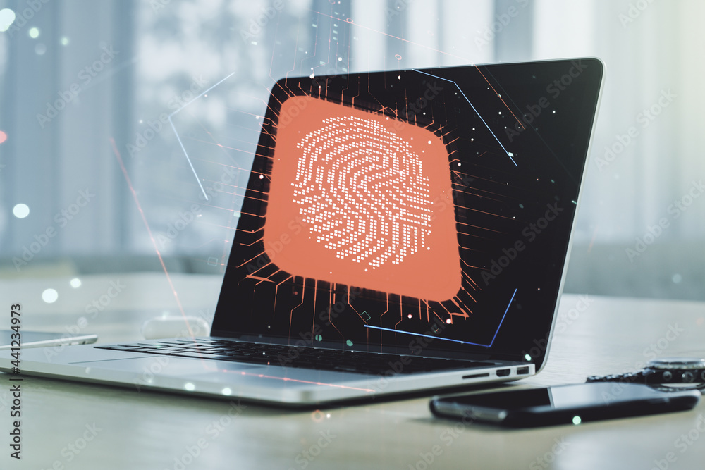 Poster multi exposure of abstract fingerprint scan interface on computer background, digital access concept