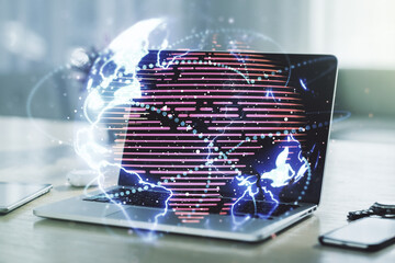 Double exposure of abstract digital world map with connections on computer background, big data and blockchain concept