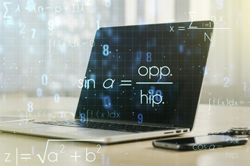 Creative scientific formula concept on modern laptop background. Multiexposure