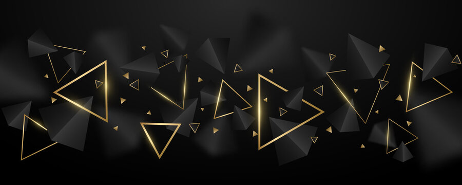 Abstract, geometric background. 3d, black and golden triangles. Elegant wallpaper design for template, cover or banner. Decorative, polygonal shapes. Vector illustration