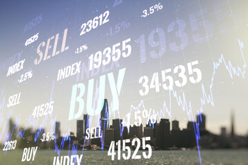 Abstract virtual financial graph hologram on San Francisco cityscape background, financial and trading concept. Multiexposure