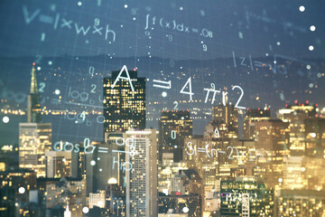 Scientific formula hologram on San Francisco office buildings background, research concept. Multiexposure