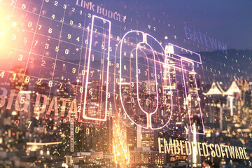 Creative IOT illustration on San Francisco cityscape background, future technology concept. Multiexposure
