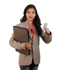 Smiling business woman holding a blank business card or ID card over white background