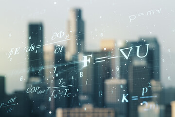 Scientific formula illustration on blurry skyscrapers background, science and research concept. Multiexposure