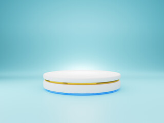A white podium with gold trim is placed on the floor and blue walls. Platform for placing merchandise and prizes on modern websites - 3D rendering, abstract background.