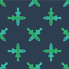 Fototapeta premium Line Crossed medieval sword icon isolated seamless pattern on blue background. Medieval weapon. Vector